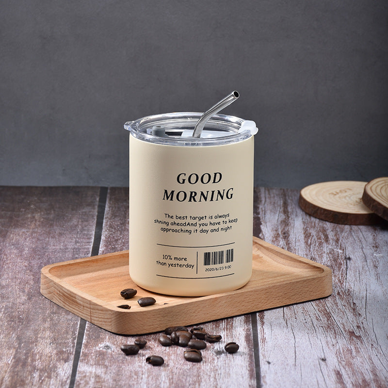 Ins Air Coffee Cup Car Portable Straw Cup Double Stainless Steel Thermal Insulation Cold Cup