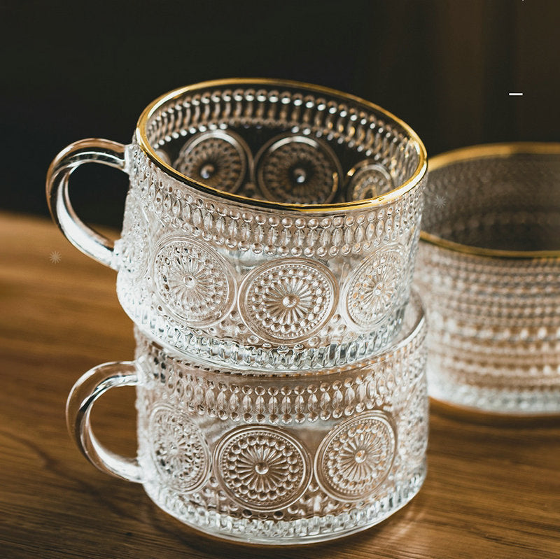 450ml Nordic Vintage Embossed Glass Sunflower Coffee Cup Pearl Milk Cup Milk Tea Cold Drink Juice Cup
