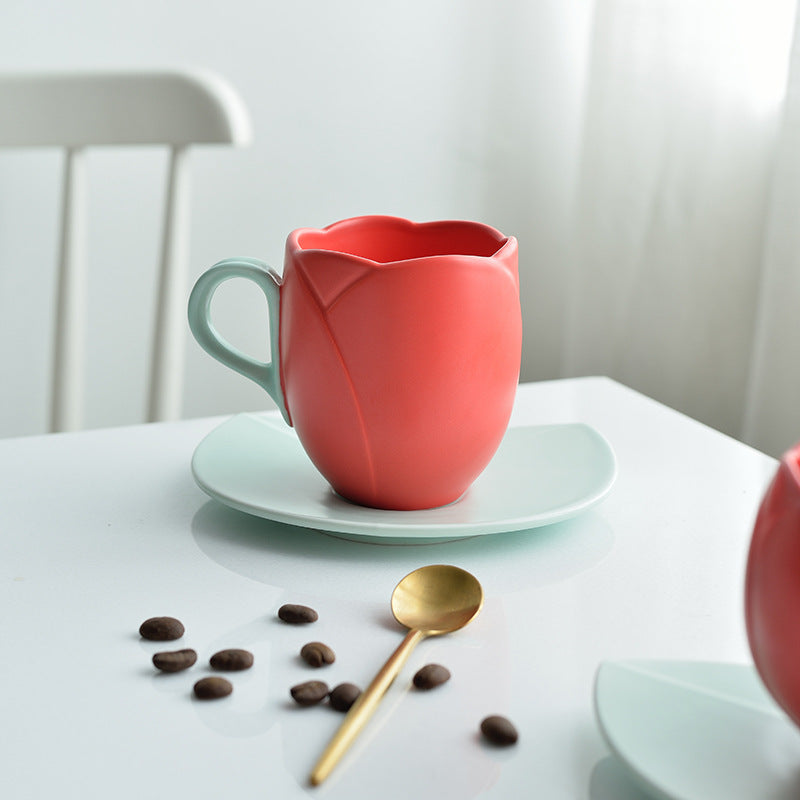 Ins Vintage Tulip Coffee Cup High Ceramic Cup and Plate Set Creative and Exquisite Flower Mark Cup European Coffee Cup and Plate Set