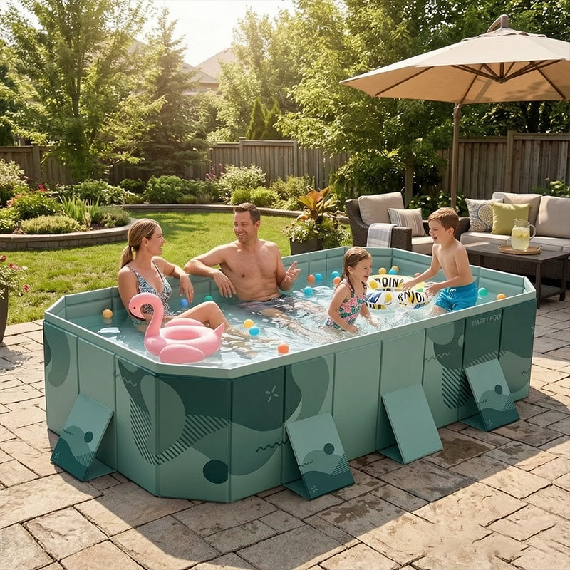 Large Foldable Rectangular Family Swimming Pool, Non-Inflatable Above Ground Pool, Easy Setup Outdoor Pool for Adults and Kids