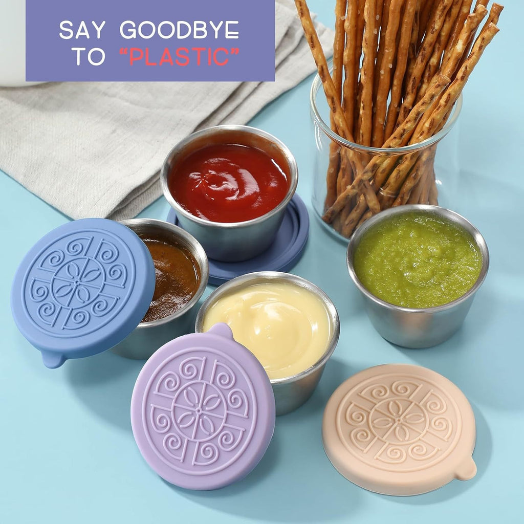 Stainless steel sauce cup with silicone cover 40ml dipping cup portable sauce seasoning dish
