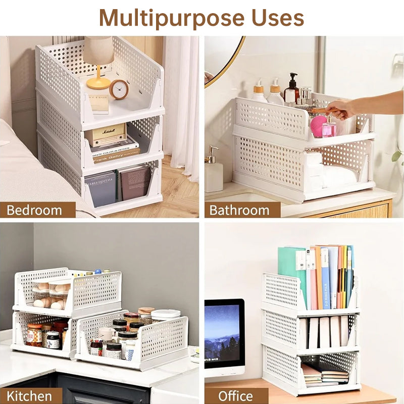 4 Pack Plastic Closet Organizer Bins, Stackable Foldable Storage Baskets with Slide-Out Rails for Clothes, Toys, T-Shirts