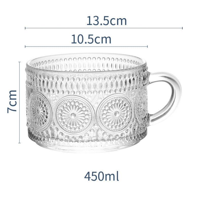 450ml Nordic Vintage Embossed Glass Sunflower Coffee Cup Pearl Milk Cup Milk Tea Cold Drink Juice Cup