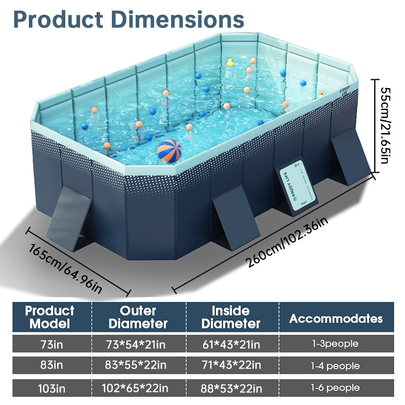 Large Foldable Rectangular Family Swimming Pool, Non-Inflatable Above Ground Pool, Easy Setup Outdoor Pool for Adults and Kids