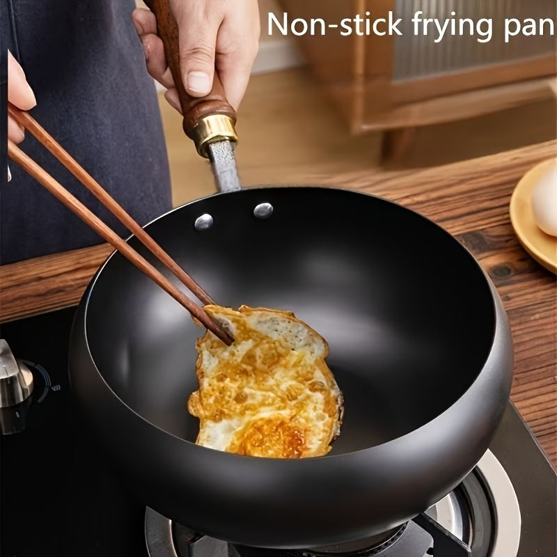 Hand-Forged Iron Wok 24/28cm Uncoated with Wood Lid for Induction Gas