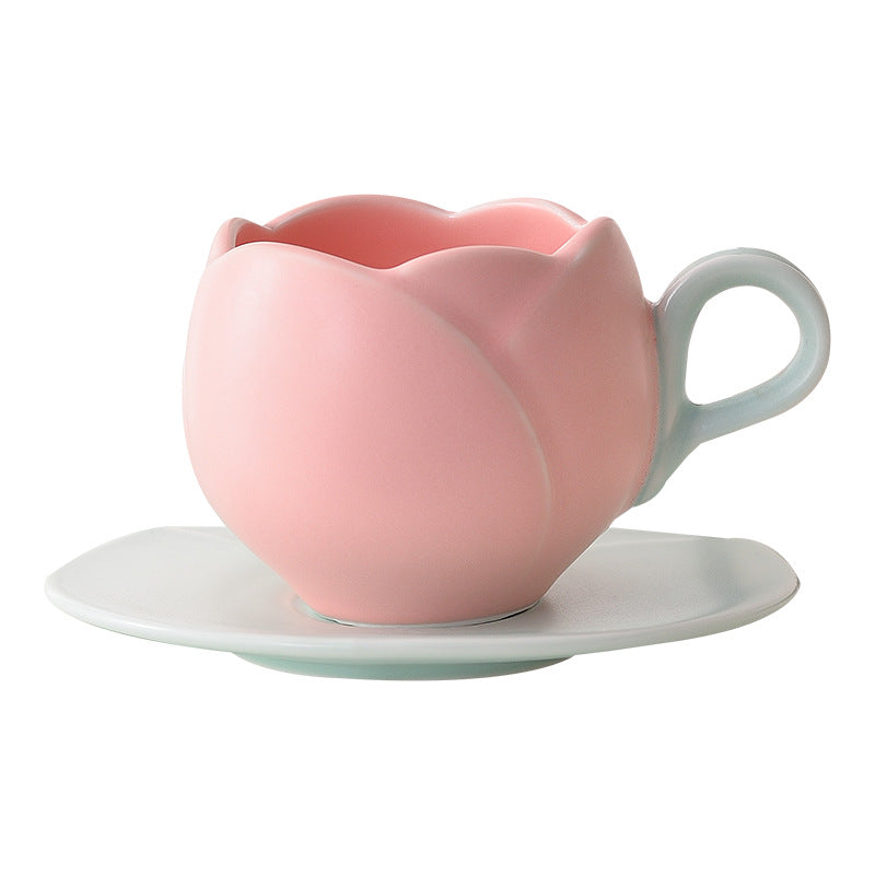 Ins Vintage Tulip Coffee Cup High Ceramic Cup and Plate Set Creative and Exquisite Flower Mark Cup European Coffee Cup and Plate Set