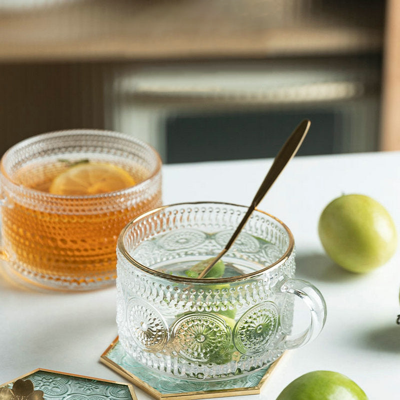 450ml Nordic Vintage Embossed Glass Sunflower Coffee Cup Pearl Milk Cup Milk Tea Cold Drink Juice Cup