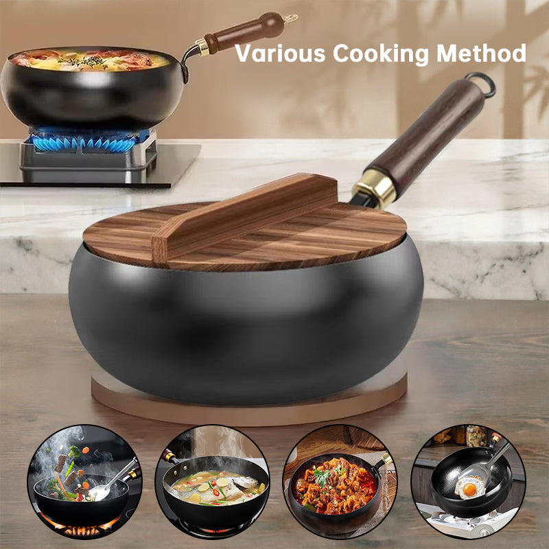 Hand-Forged Iron Wok 24/28cm Uncoated with Wood Lid for Induction Gas