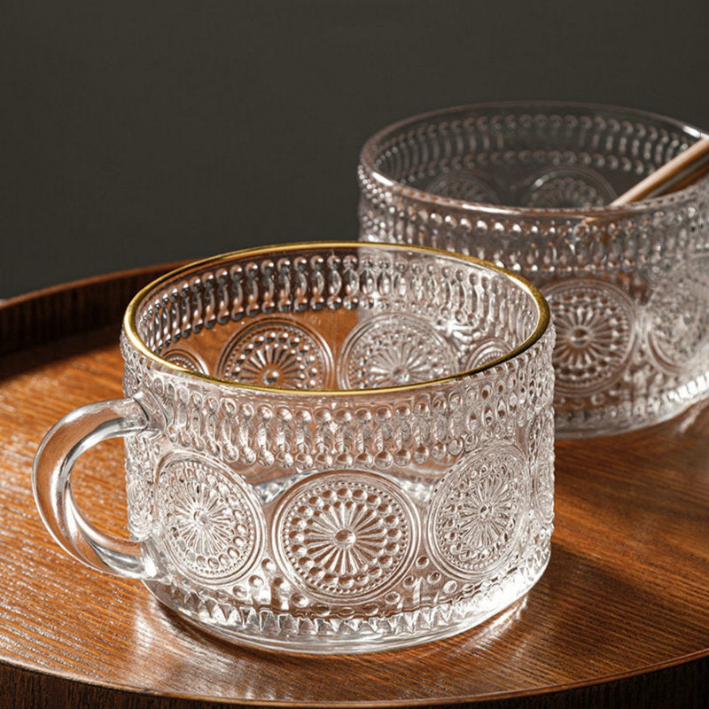 450ml Nordic Vintage Embossed Glass Sunflower Coffee Cup Pearl Milk Cup Milk Tea Cold Drink Juice Cup
